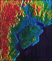 Image chromo-stéréoscopique, gracieuseté du Centre canadien de télédétection à partir d'une image Radarsat.